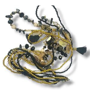 Black & Gold Crystal & Stone Multi-strand Station Necklace‎ 30"